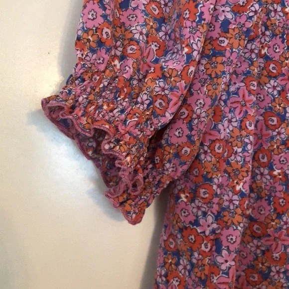 Sanctuary Blouse short sleeves pink orange purple floral Size L. NWOT - Picture 3 of 7